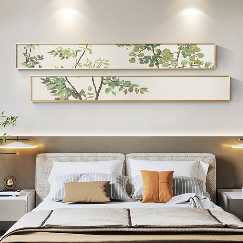 绿色系植物床头挂画卧室房间窄长条装饰画书房茶室小清新客厅壁画图片