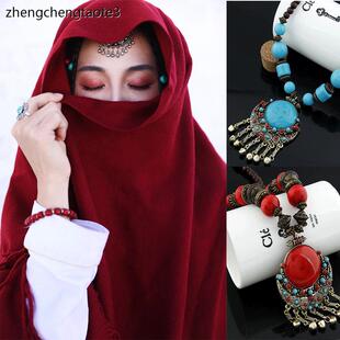 拉萨异域民族风额头链旅游拍照头饰项链两用西藏保暖披肩红色围巾