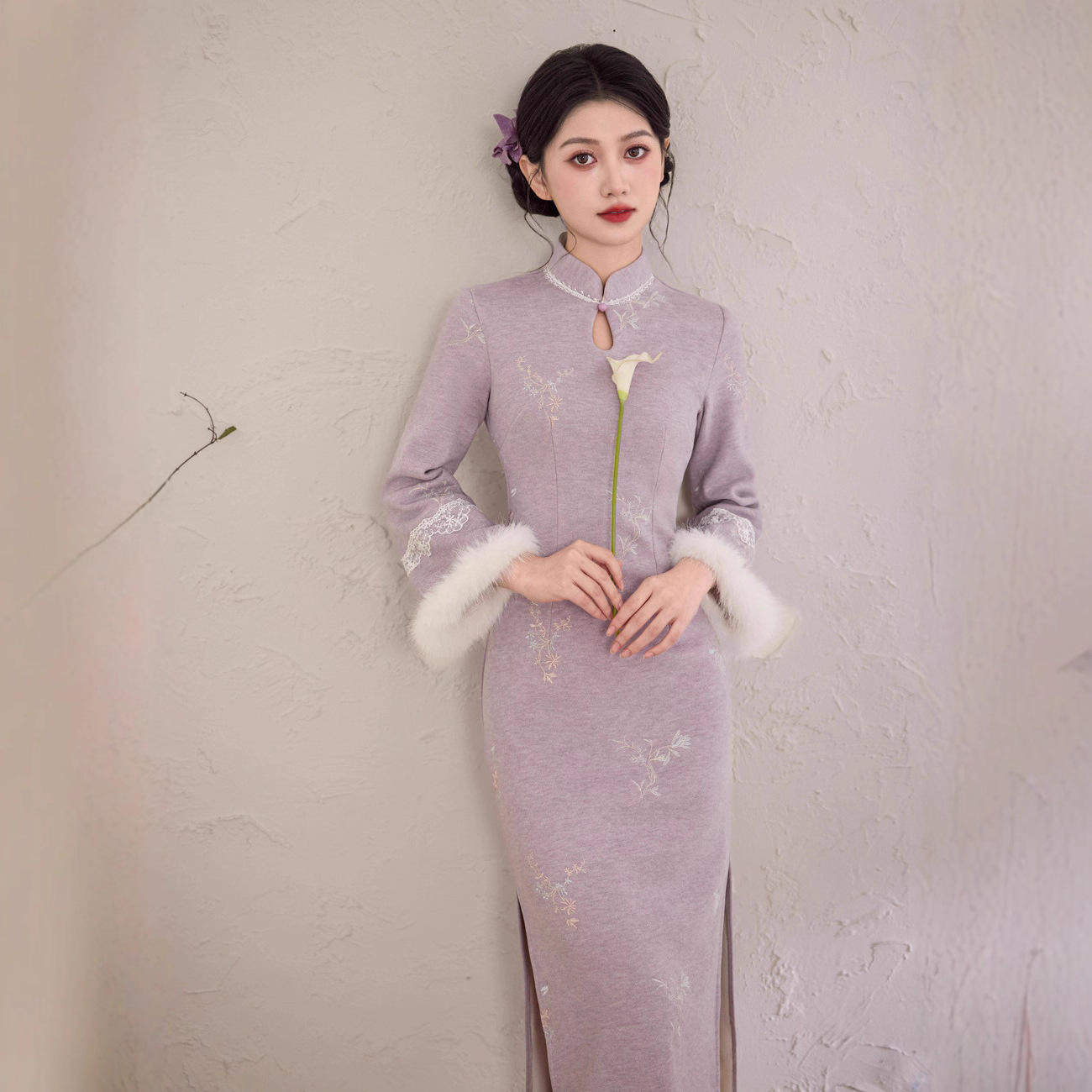 新中式旗袍紫色加绒2025年轻款长袖高端修身民国连衣裙秋冬款日常,女装/女士精品,旗袍,淘宝优惠券,粉丝福利购,淘宝优惠卷
