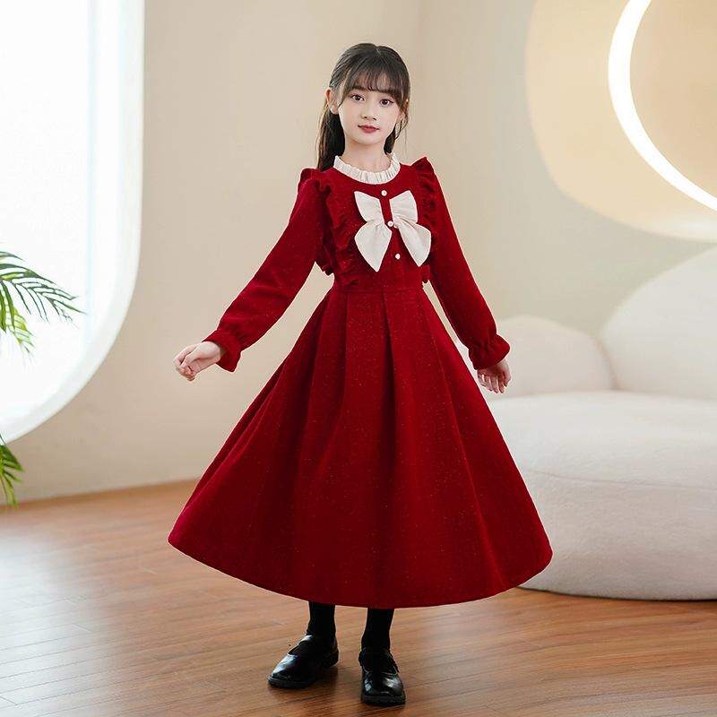 中大童女孩秋冬季喜庆公主礼服裙子女童时尚中国风气质连衣裙纯色