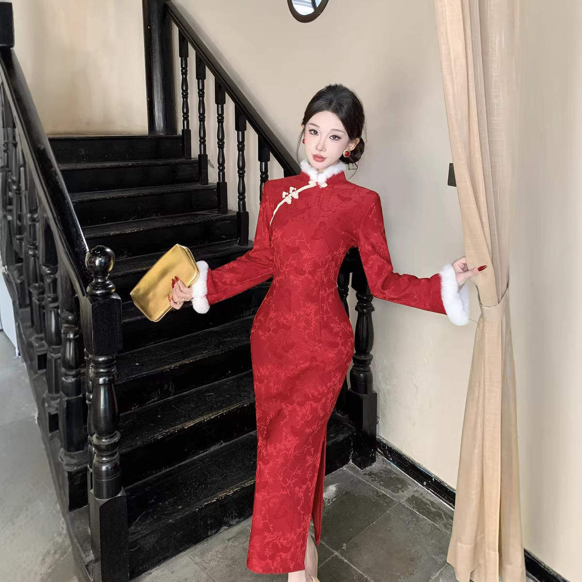 红色拜年服加绒秋冬装国风新中式长袖改良旗袍冬季厚款女新年战袍,女装/女士精品,旗袍,淘宝优惠券,粉丝福利购,淘宝优惠卷