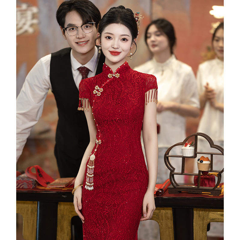 红色敬酒服新娘旗袍小个子订婚礼服连衣裙中式结婚蕾丝女回门春季