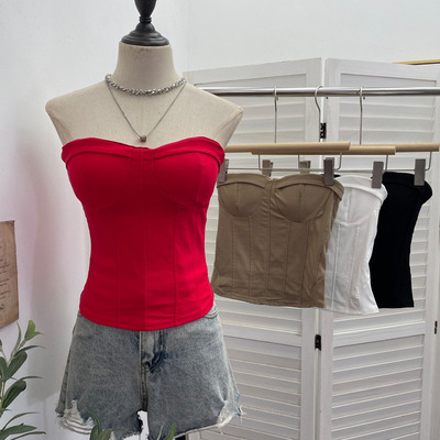 实拍 显曲线带胸垫防滑条辣妹外穿抹胸背心短款松紧打揽上衣 8151