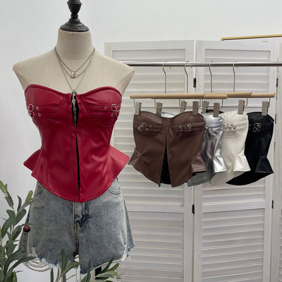 实拍 带胸垫防滑条辣妹抹胸背心收腰pu皮钩扣裹胸无袖上衣女 2785