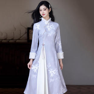 新款显瘦紫色奥黛加绒国风长袖改良旗袍冬季厚款女新中式秋冬日常