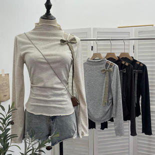 韩版 上衣 半高领内搭打底衫 长袖 2803 女设计感露肩蝴蝶结修身 实拍