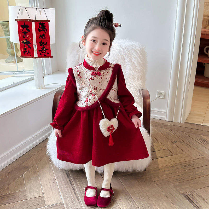 新款女童连衣裙秋冬款儿童加绒新年公主裙女孩红色过年服裙子长袖