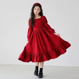 女童长袖连衣裙秋装春秋季儿童装公主裙女孩方领红色洋气裙子韩版