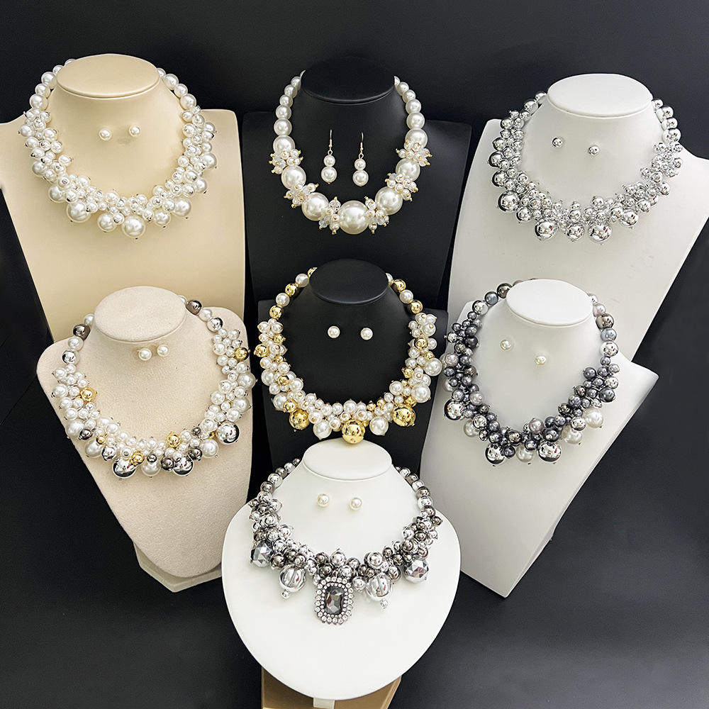 欧美复古仿珍珠短款颈链夸张气质choer项链精美宴会配饰套链