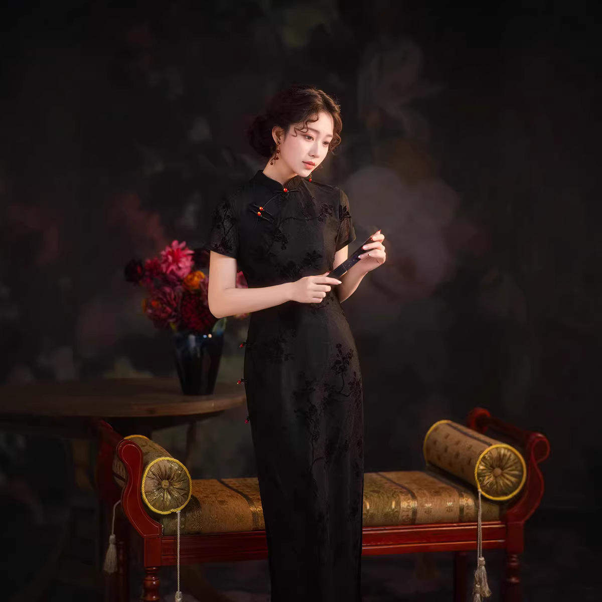 新中式国风复古黑色植绒旗袍2026春夏高级感气质修身连衣裙女MG,女装/女士精品,旗袍,淘宝优惠券,粉丝福利购,淘宝优惠卷