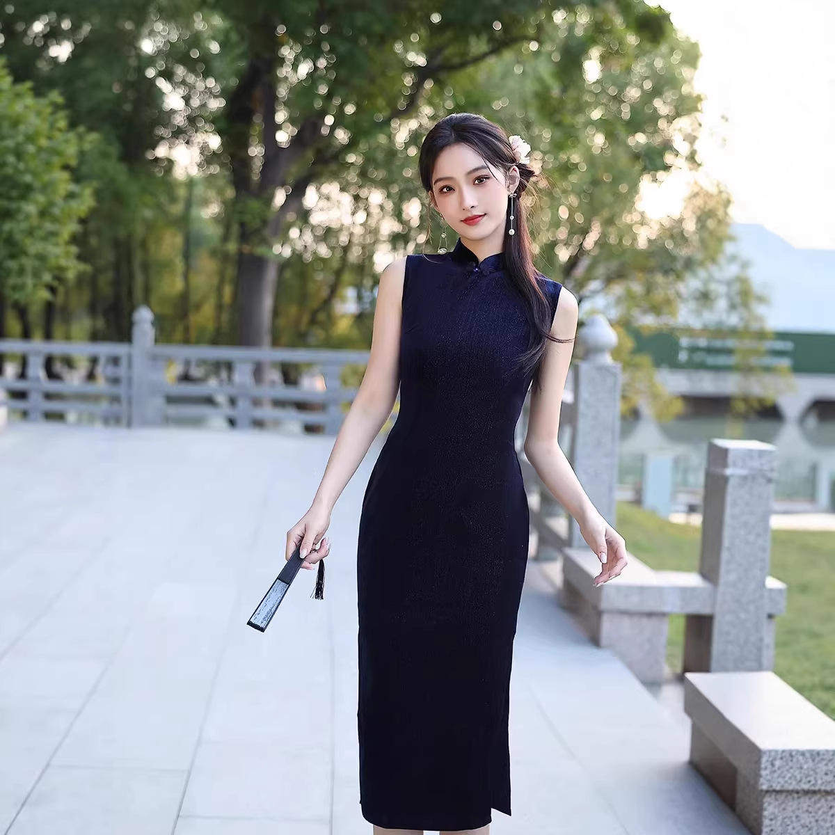 2026春季无袖丝绒新蓝色改良日常修身复古中式旗袍裙2026年春季,女装/女士精品,旗袍,淘宝优惠券,粉丝福利购,淘宝优惠卷