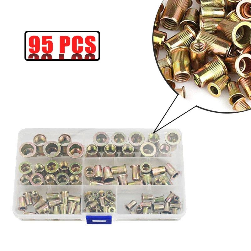 95PCS盒装镀彩锌拉铆螺母M3M4M5M6M8M10M12平头竖纹螺母