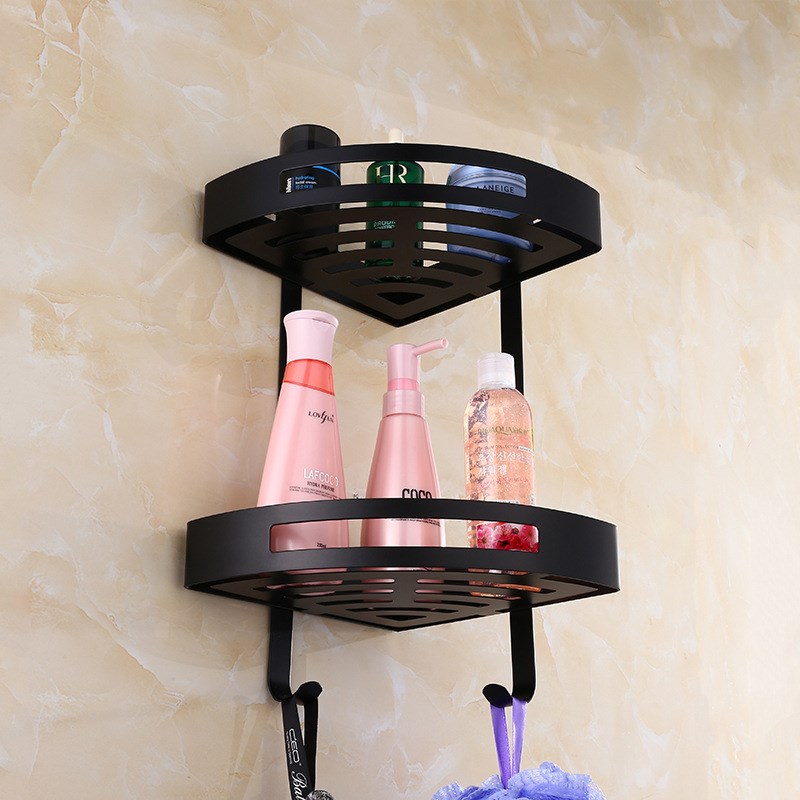 美式全黑色浴室置物架304不锈钢双层三角篮仿古卫生间单层转角架