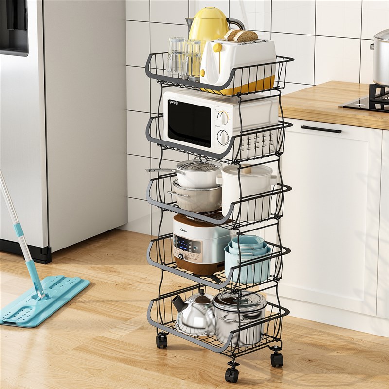 厨房蔬菜水果置物架落地推车收纳架家用可移动可叠蔬果杂物收纳篮