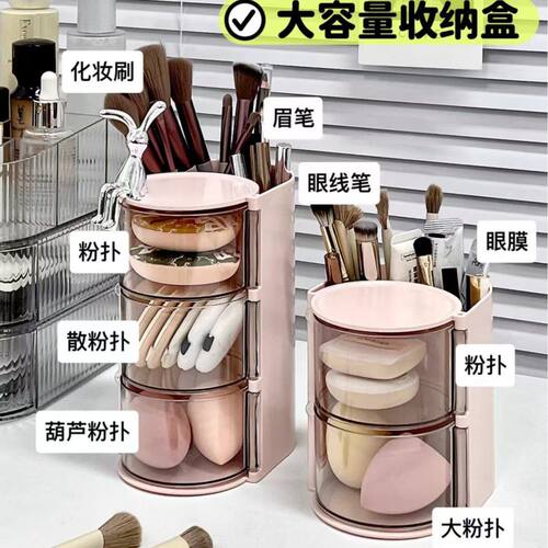 多功能化妆品收纳盒粉扑收纳盒眉笔梳妆台储物架笔筒粉扑多层旋转
