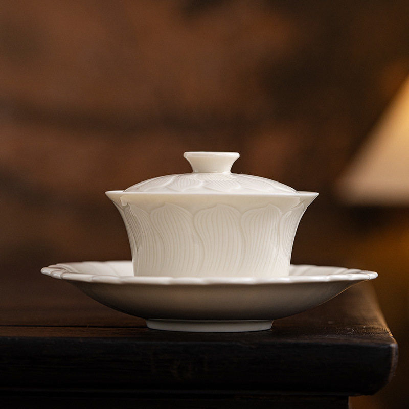 仿宋定窑白浮雕陶瓷三才盖碗茶杯家用防烫个泡茶碗档功夫茶具图片