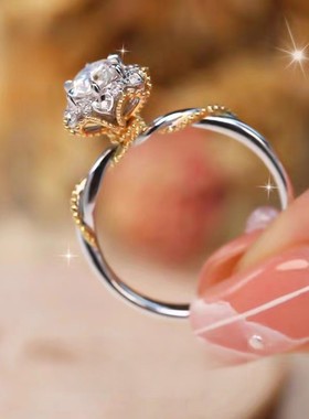 s925纯银藤蔓高碳石莫桑石钻戒女手捧花仿真钻石戒指结婚求婚
