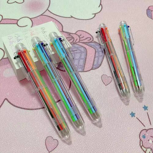 透明6色圆柱笔按动式笔彩色标记笔学生书写工具个性六色彩虹笔
