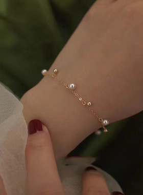 s925纯银 天然淡水法系珍珠手链 小金珠时尚满天星手饰品送女