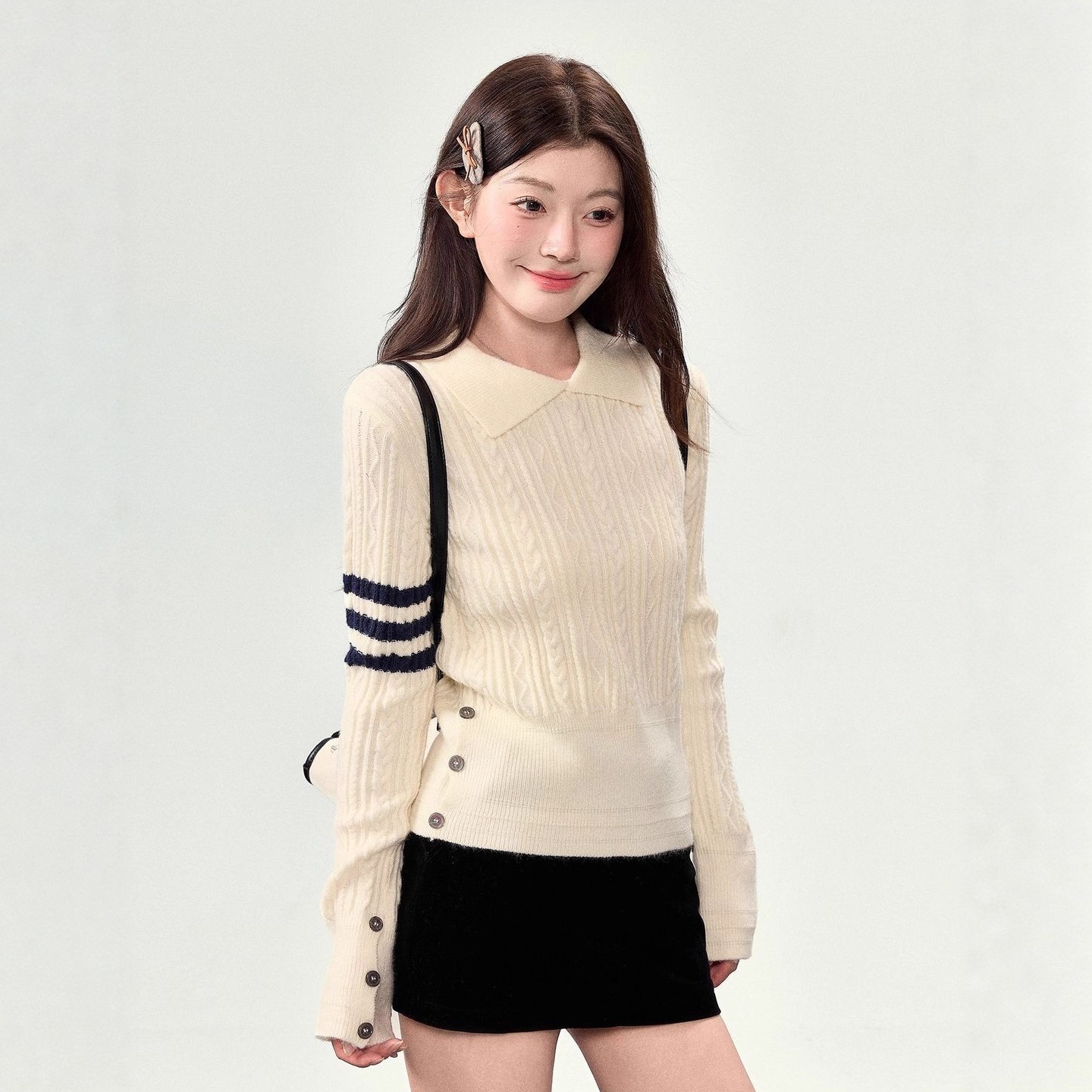 翻领tb针织衫女上衣2025年新款秋季麻花套头学院风毛衣女装上衣