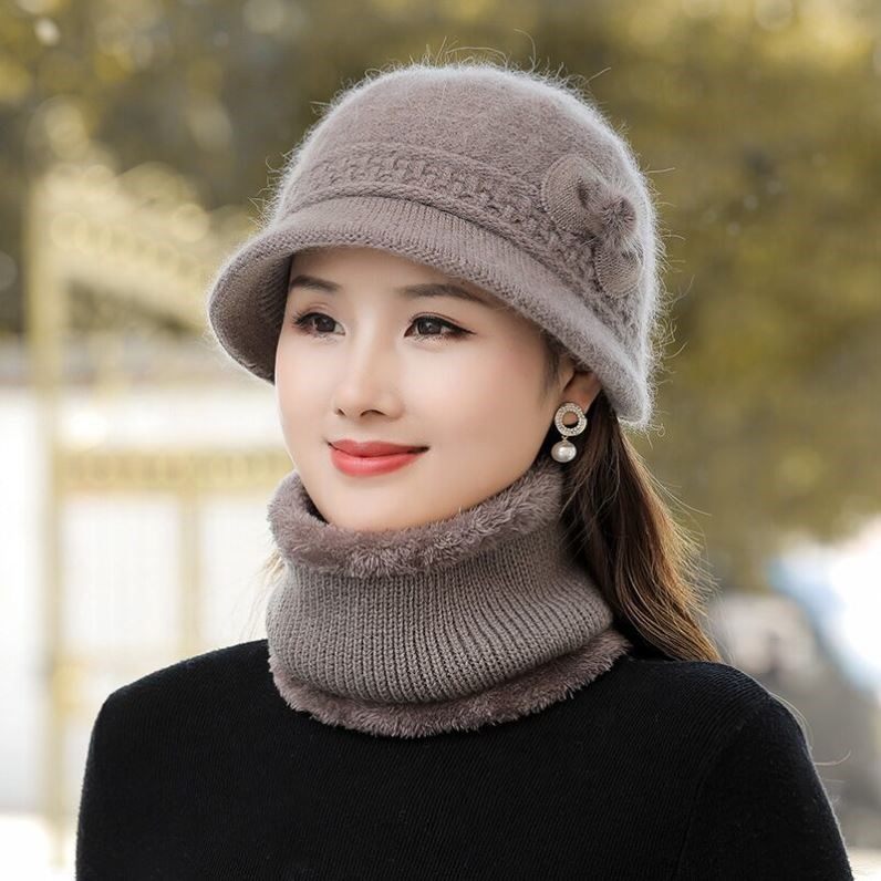 中老年人兔毛帽子女士妈妈冬季加绒加厚老太太奶奶针织保暖毛线帽