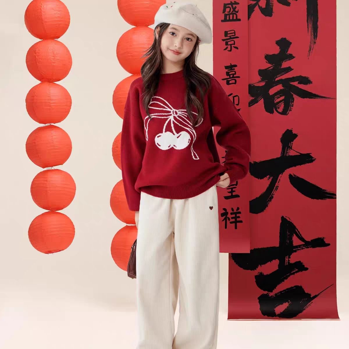 水貂绒童装女童红色毛衣