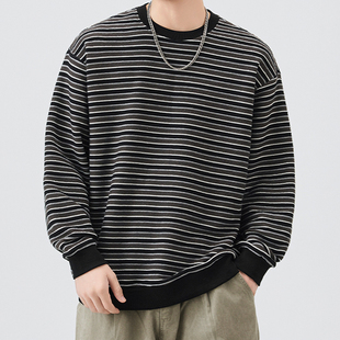 上衣男装 卫衣男秋冬季 高街休闲宽松百搭重磅条纹圆领长袖 美式 新款