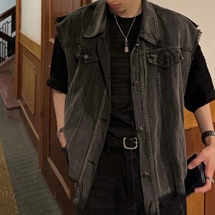 马夹坎肩 潮牌痞帅宽松复古工装 烟灰色牛仔背心马甲外套男秋季 美式