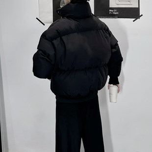 假两件棉服男痞帅黑色加厚潮牌立领棉衣休闲外套 韩版 冬季 2025新款