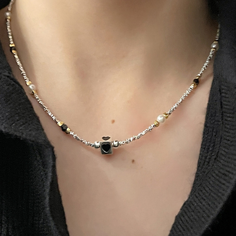 s925纯银爱心方块项链珍珠锁骨链