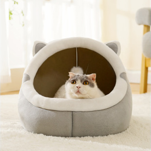 毛绒半封闭保暖猫窝柔软舒适深睡眠可拆洗简约灰色 冬季