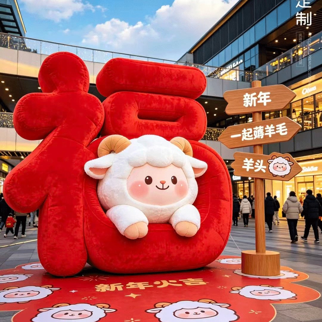 新年羊驼毛绒充气玩偶红色福字造型可爱公仔装饰用品