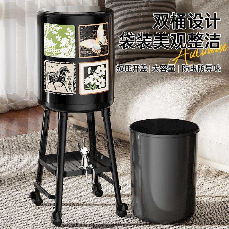 中古风垃圾桶高颜值带盖免弯腰厨房垃圾收纳桶可移动大容量带轮垃