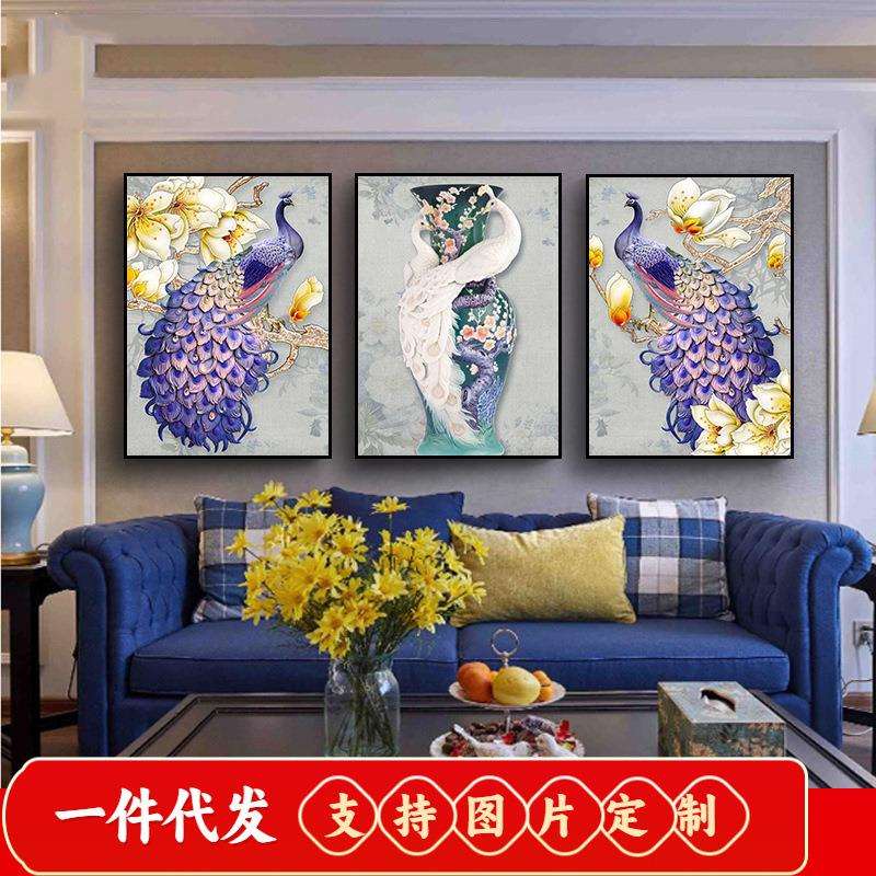 2020年新款5d钻石画满钻客厅餐厅三联画花瓶孔雀贴钻十字绣钻石绣