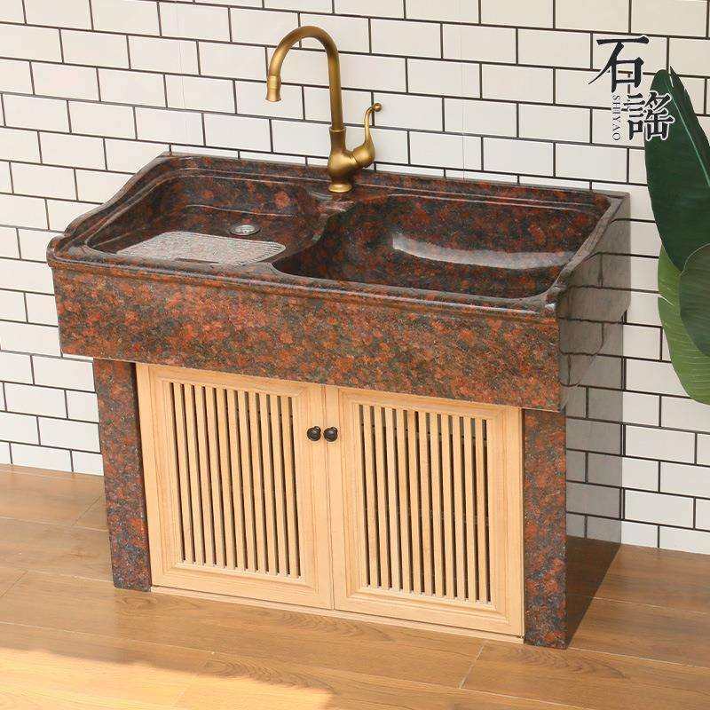 室外洗衣池石一体台盆带搓板家用阳台户外庭院石头水池大理石水池