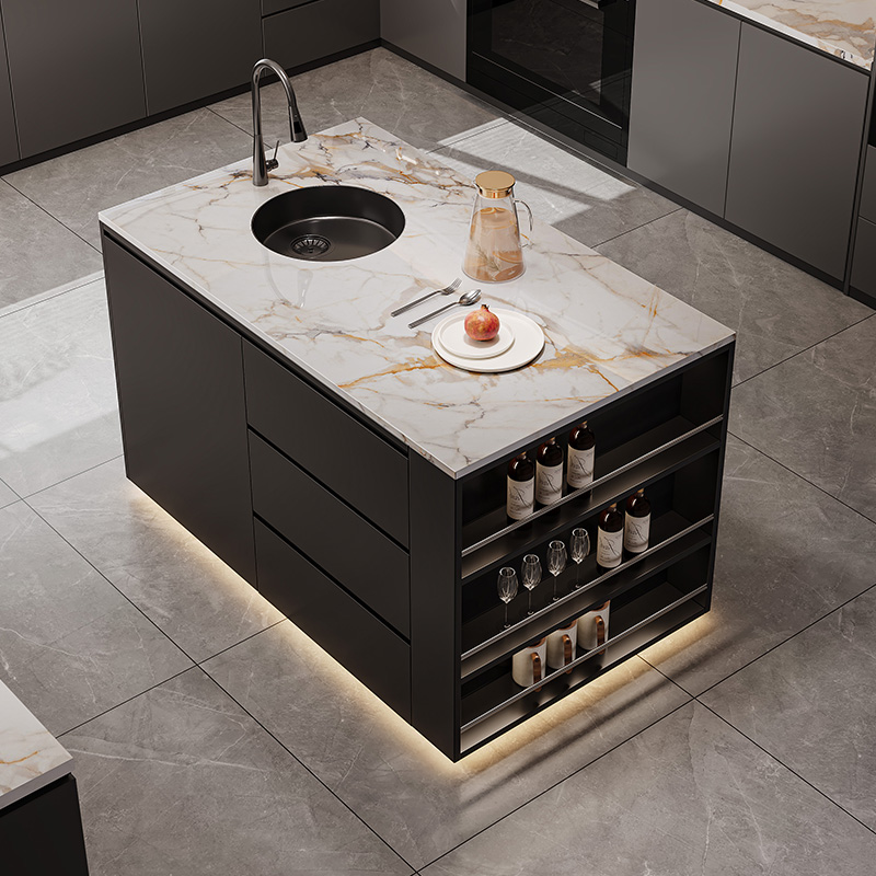 轻奢岩板岛台餐桌一体操作台厨房中导台可定制水槽倒台柜餐边柜子