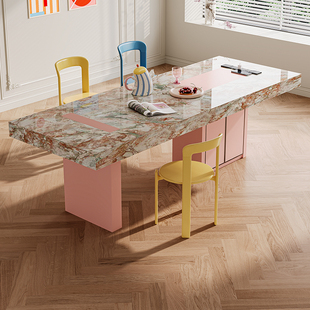 岩板餐桌长方形四季 可定制 粉绿客厅家用中古风带储物茶桌设计师款