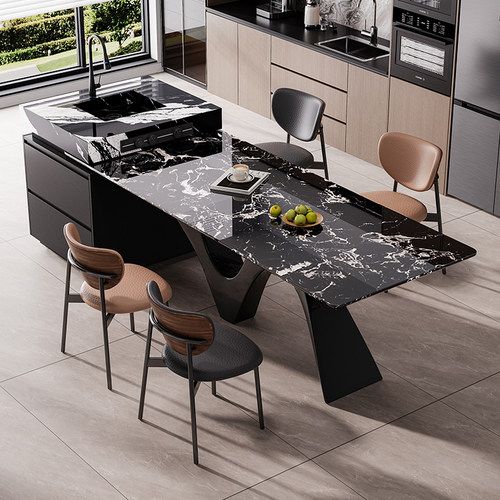 天然奢石岛台餐桌一体黑玫瑰方桌