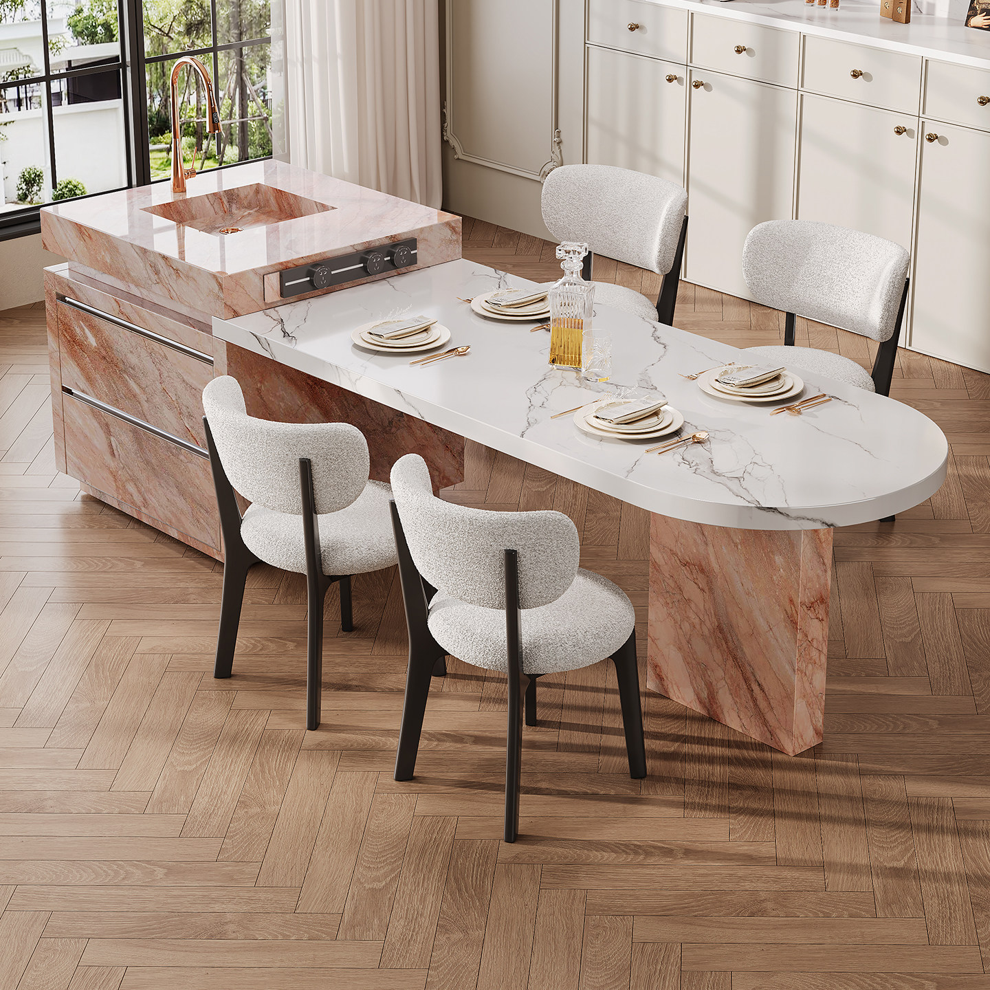 法式复古圆弧形岩板岛台餐桌一体