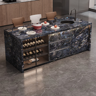 岩板厨房中岛台餐桌一体吧台开放式 餐边柜多功能操作台可定制水槽