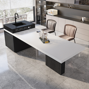 意式 厨房定制水槽中导台高端多功能 极简岩板岛台餐桌一体开放式