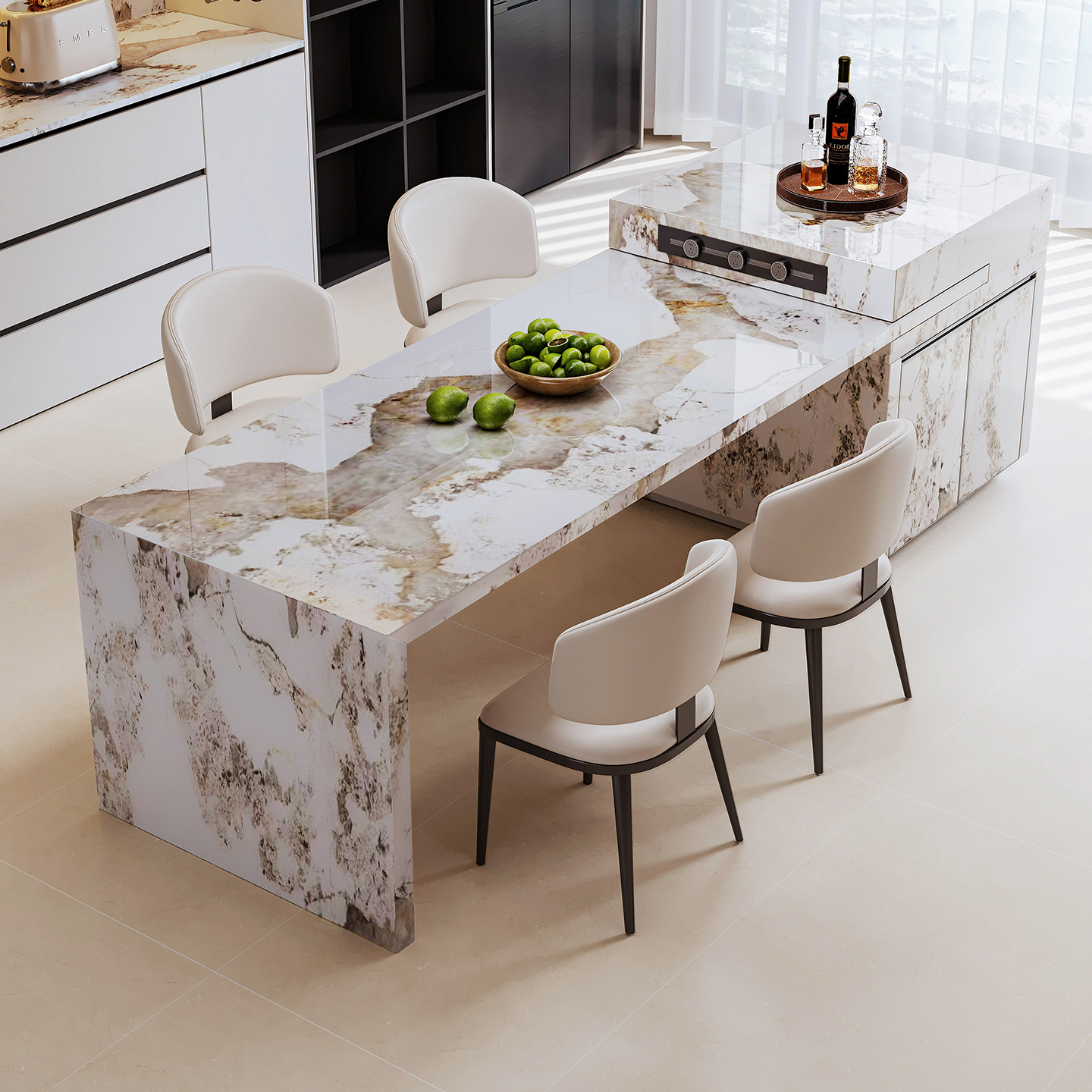 岩板岛台餐桌一体家用可伸缩轻奢高级小户型可定制厨房移动中导台