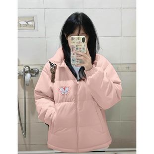 韩系蝴蝶印花百搭羽绒棉服女大童冬季初中高中学生面包服外套棉衣