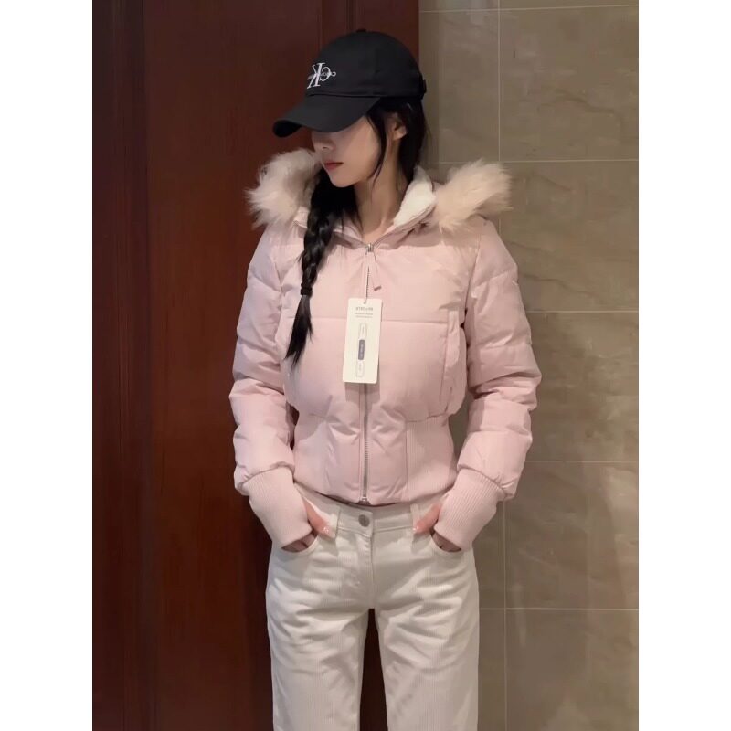 超好看韩系粉色大毛领连帽短款棉服女小个子收腰显瘦棉袄冬季外套
