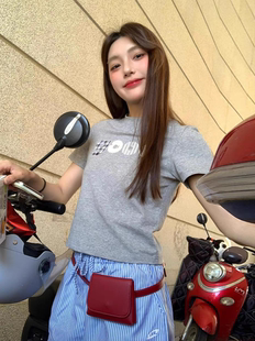 上衣 灰色美式 正肩t恤女夏季 新款 小众good印花纯棉t恤辣妹显瘦短款