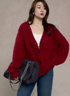MENGJIAN红色羊毛V领针织开衫女25秋冬新款宽松休闲毛衣外套
