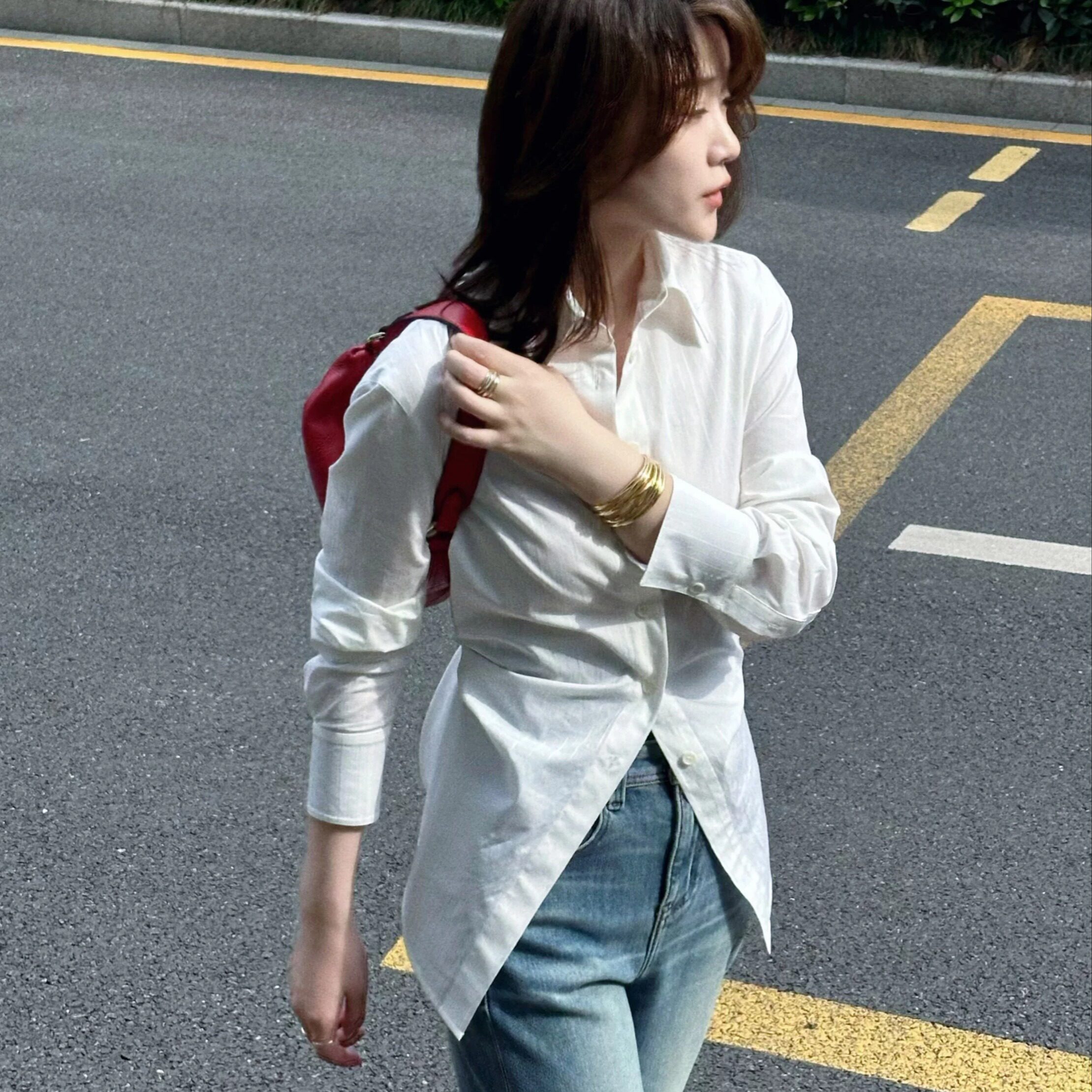 MENGJIAN法式慵懒风翻领长袖白衬衫女2026夏季新款纯棉设计感衬衣