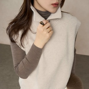 MENGJIAN绵羊毛针织立领马甲女2025冬季 灰色叠穿背心翻领外套 新款