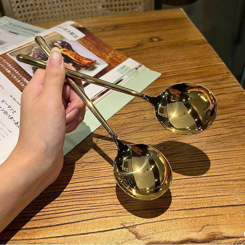 颜值304不锈钢勺子网红长柄甜品勺调羹金色勺子圆头吃饭勺汤匙,餐饮具,便携/折叠餐具,淘宝优惠券,粉丝福利购,淘宝优惠卷