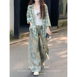 百搭休闲学院风防晒衫 宽松POLO领开衫 女上衣春季 韩系绿色格子衬衫